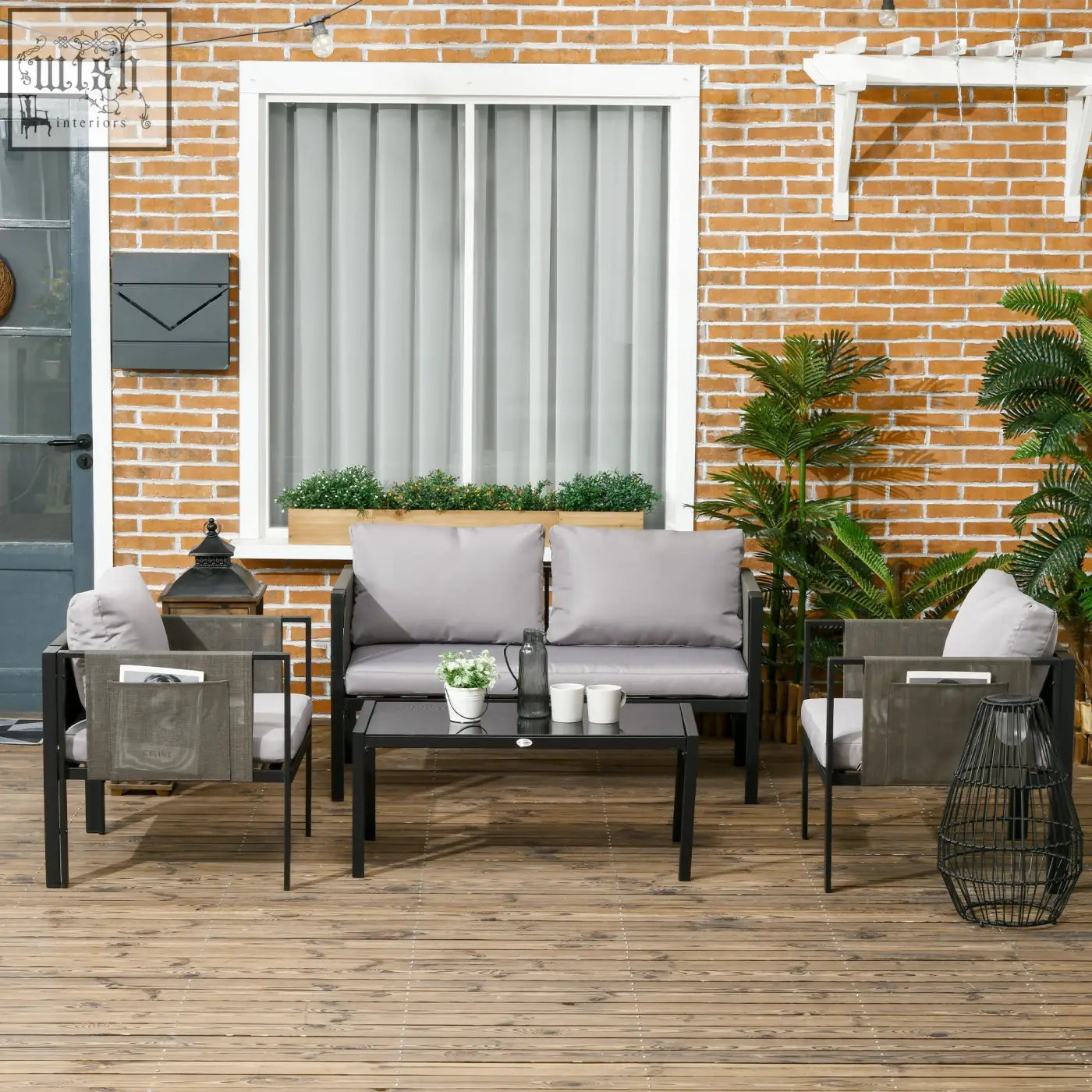 Modern gray two-seater sofa set with black metal frame and tempered glass coffee table for outdoor patio use