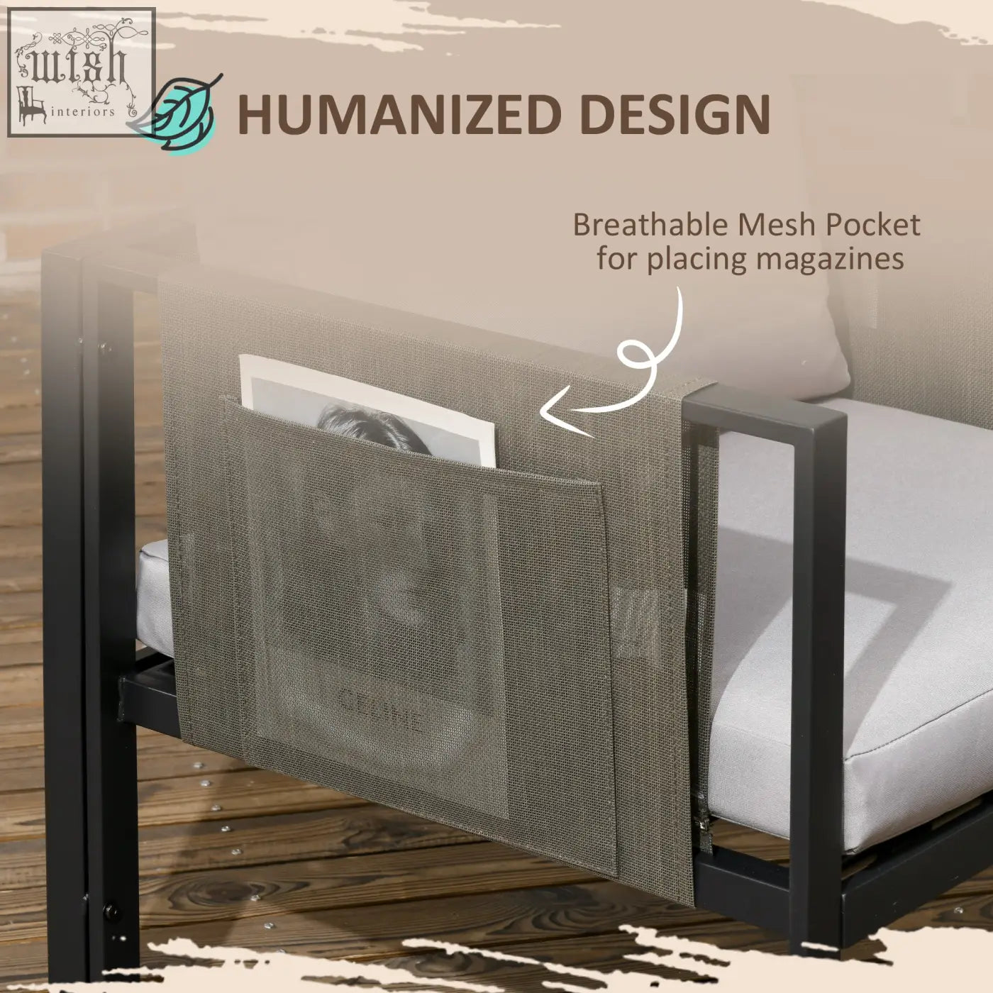 Gray breathable mesh pocket with humanized design attached to outsunny light grey two-seater sofa frame by tempered glass coffee table