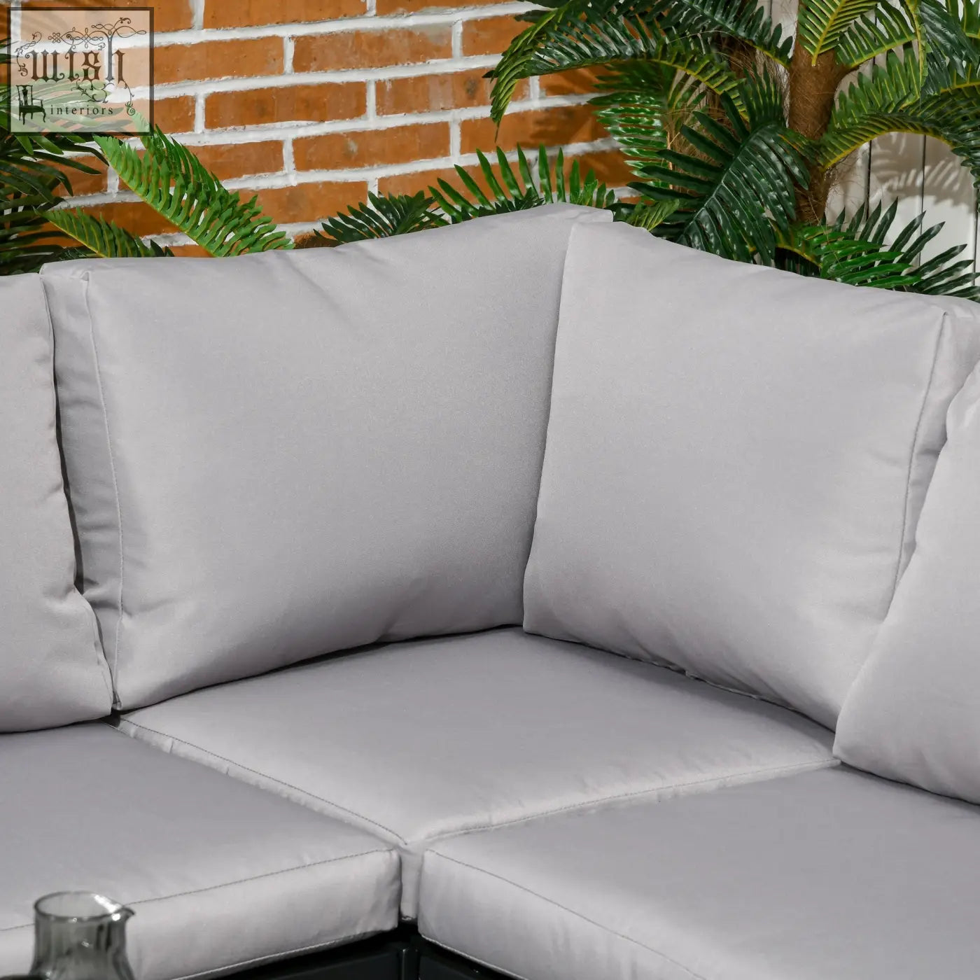 Light gray Outsunny 4 piece metal corner sofa with breathable mesh cushions and tempered glass coffee table for outdoors