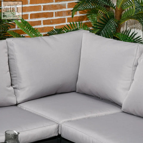 Light gray Outsunny 4 piece metal corner sofa with breathable mesh cushions and tempered glass coffee table for outdoors