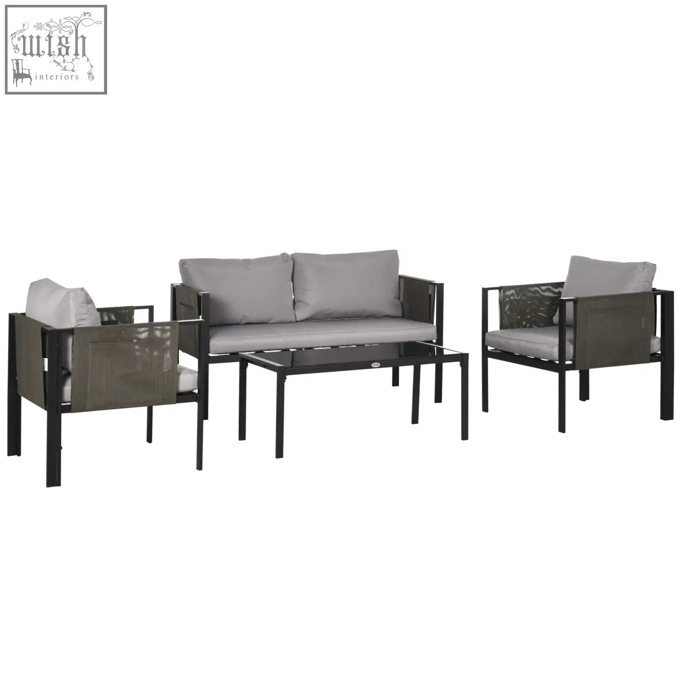 Modern outdoor two-seater sofa and coffee table with sleek black metal frame gray cushions and tempered glass top