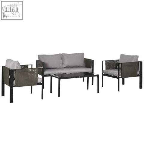 Modern outdoor two-seater sofa and coffee table with sleek black metal frame gray cushions and tempered glass top