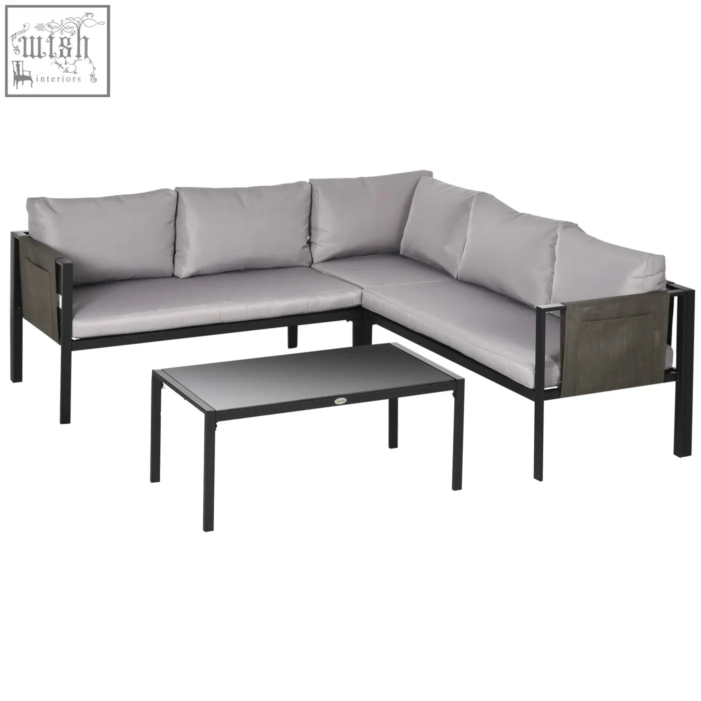 Modern gray corner sofa with black metal frame breathable mesh pockets and tempered glass coffee table for outdoors