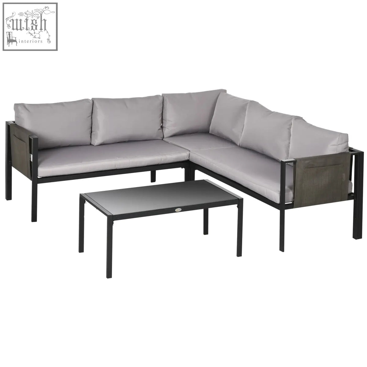 Modern gray corner sofa with black metal frame breathable mesh pockets and tempered glass coffee table for outdoors