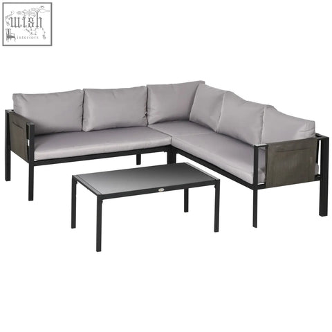 Modern gray corner sofa with black metal frame breathable mesh pockets and tempered glass coffee table for outdoors