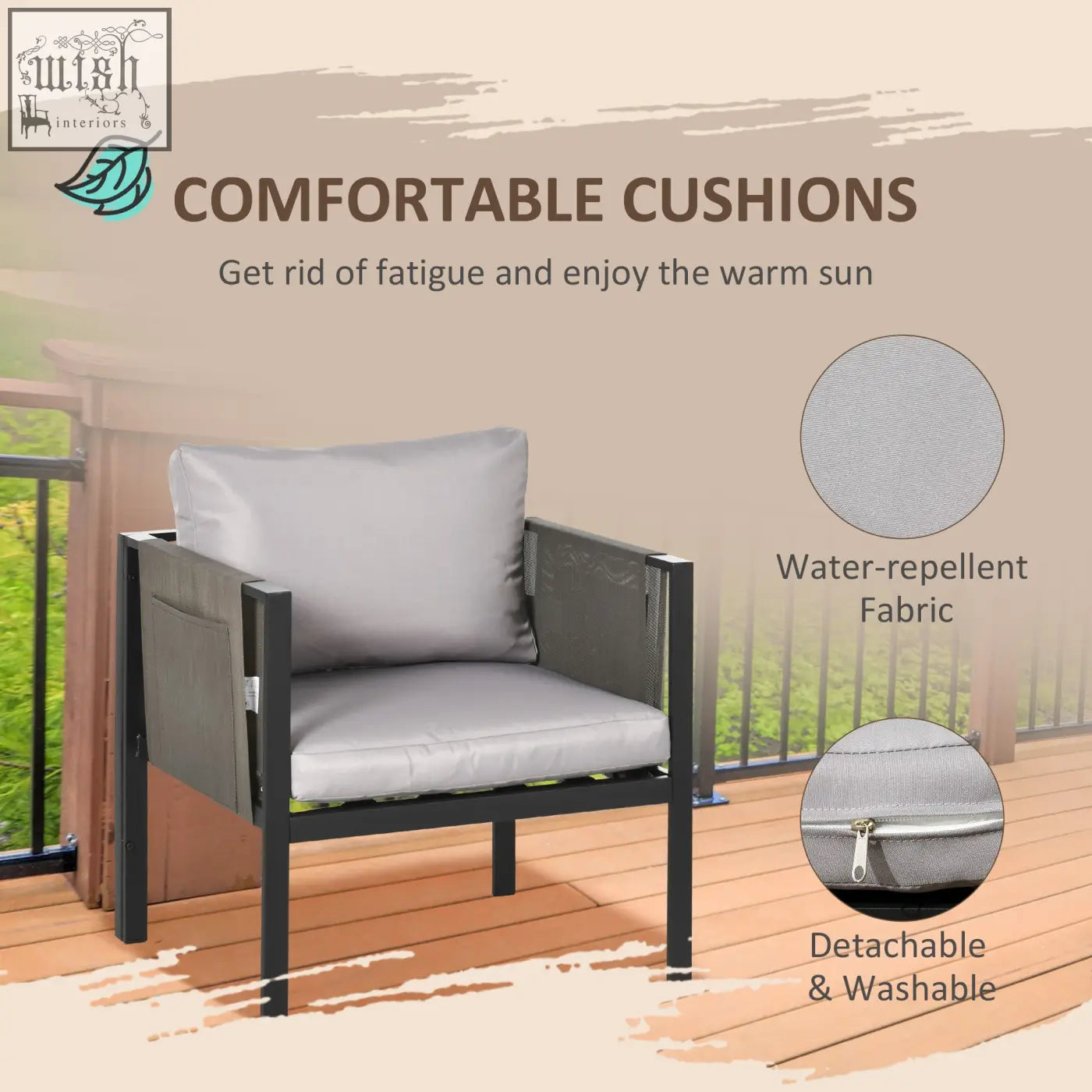 Outsunny 4 piece metal garden furniture set with light grey water-repellent cushions and tempered glass coffee table