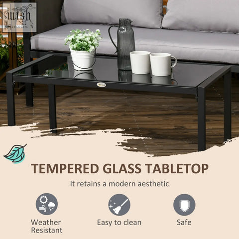 Outsunny black-framed coffee table with tempered glass top in light grey two-seater sofa metal garden set