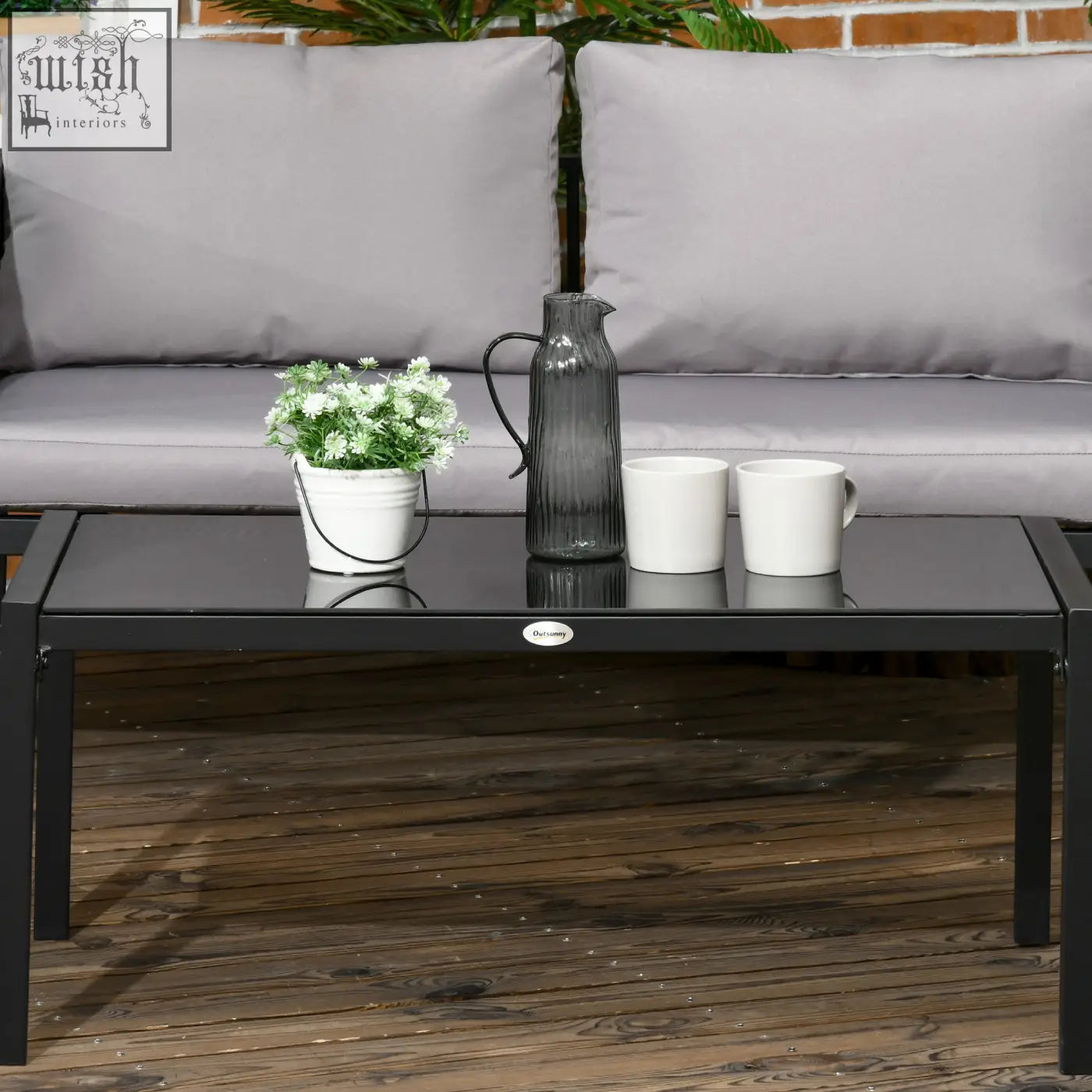 Black glass top coffee table with metal frame in outsunny two seater sofa garden set with tempered glass top