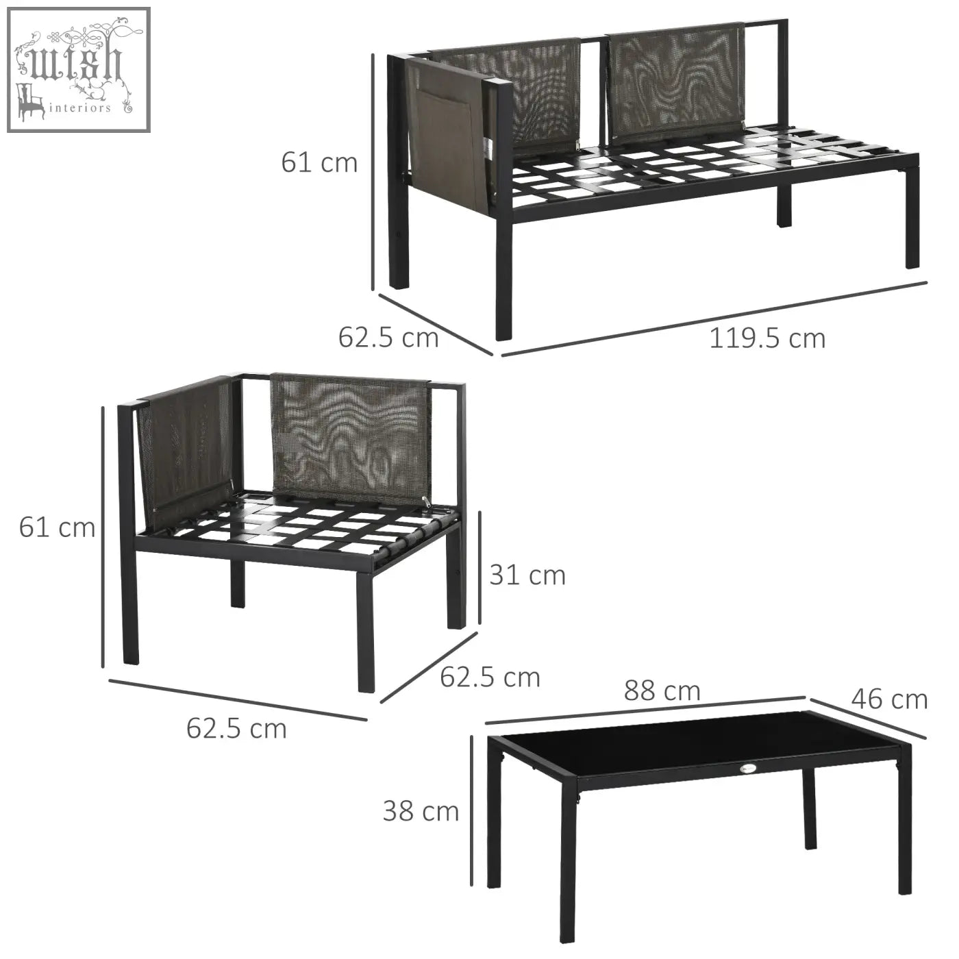 Outsunny black metal corner sofa set with breathable mesh backrests and tempered glass rectangular coffee table outdoors