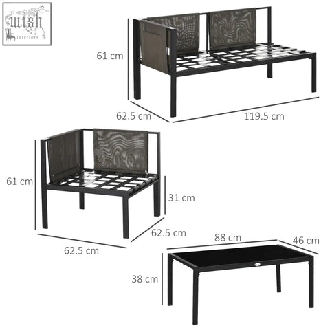 Outsunny black metal corner sofa set with breathable mesh backrests and tempered glass rectangular coffee table outdoors