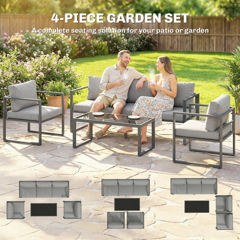 Outsunny 4 piece outdoor garden furniture set with gray fabric, black metal frame, coffee table, 60d x 62h patio set