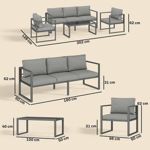 Modern gray outsunny 4 piece outdoor furniture set with sleek metal frame, textured cushions, and coffee table 60d x 62h