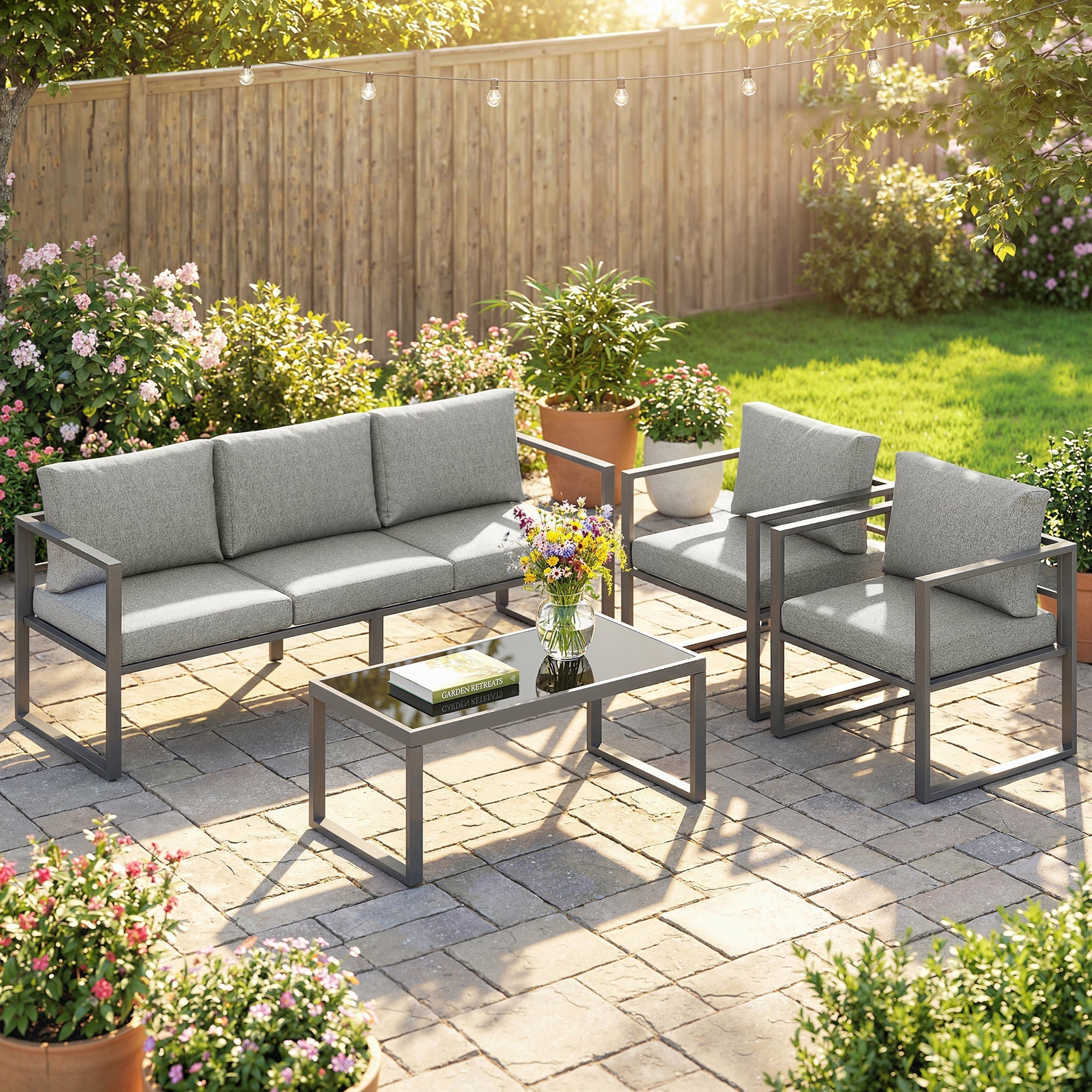 Outsunny 4 piece outdoor garden furniture set in gray with sleek metal frames and coffee table on stone patio 60d x 62h