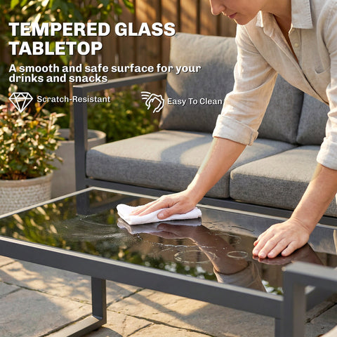 Outsunny 4 piece outdoor garden furniture set coffee table with tempered glass top and modern metal frame 60d x 62h