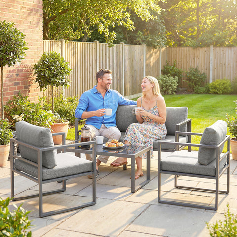 Modern gray outsunny 4 piece outdoor furniture set with plush cushions metal frames and coffee table 60d x 62h