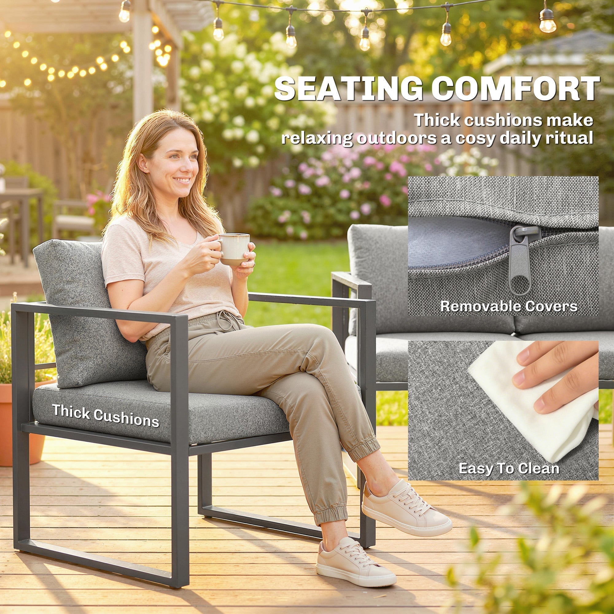 Gray fabric cushion with thick padding and removable cover for outdoor comfort in outsunny furniture set with coffee table