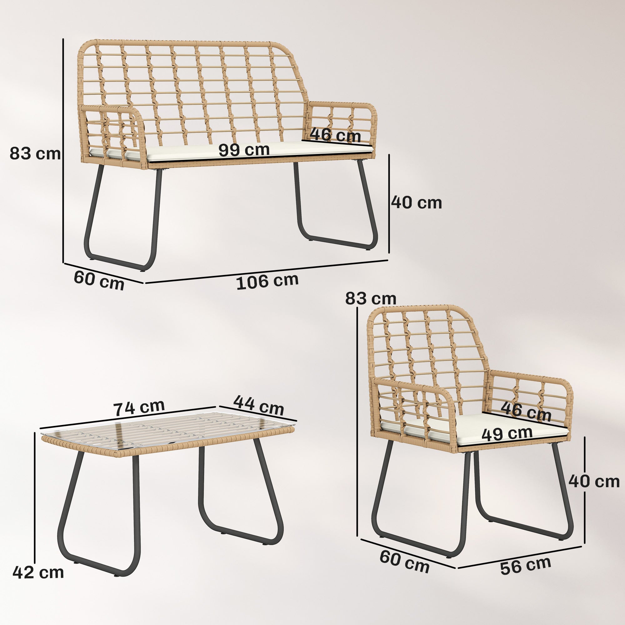 Beige woven rattan outdoor bench with black metal legs and white cushion in a 60d x 83h outsunny patio furniture set