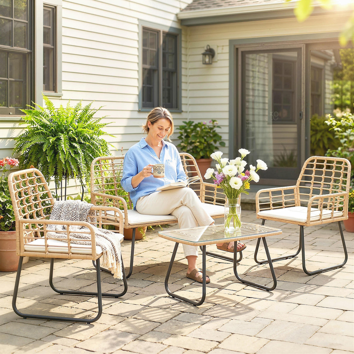 Beige woven wicker patio furniture set with black metal frames and white cushions 60d x 83h outsunny garden set