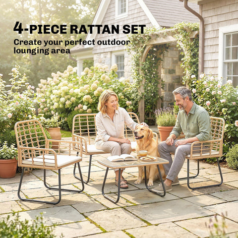 Outsunny 4 piece rattan garden furniture set with beige rattan, black metal frame, white cushions, perfect patio furniture set 60d x 83h
