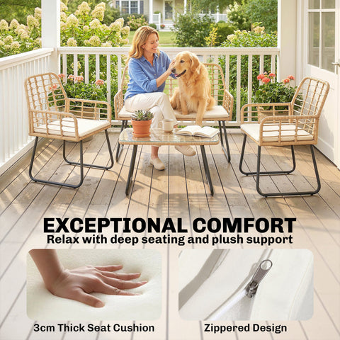 Set of three wicker patio chairs with black metal frames and beige cushions in outsunny rattan furniture set 60d x 83h