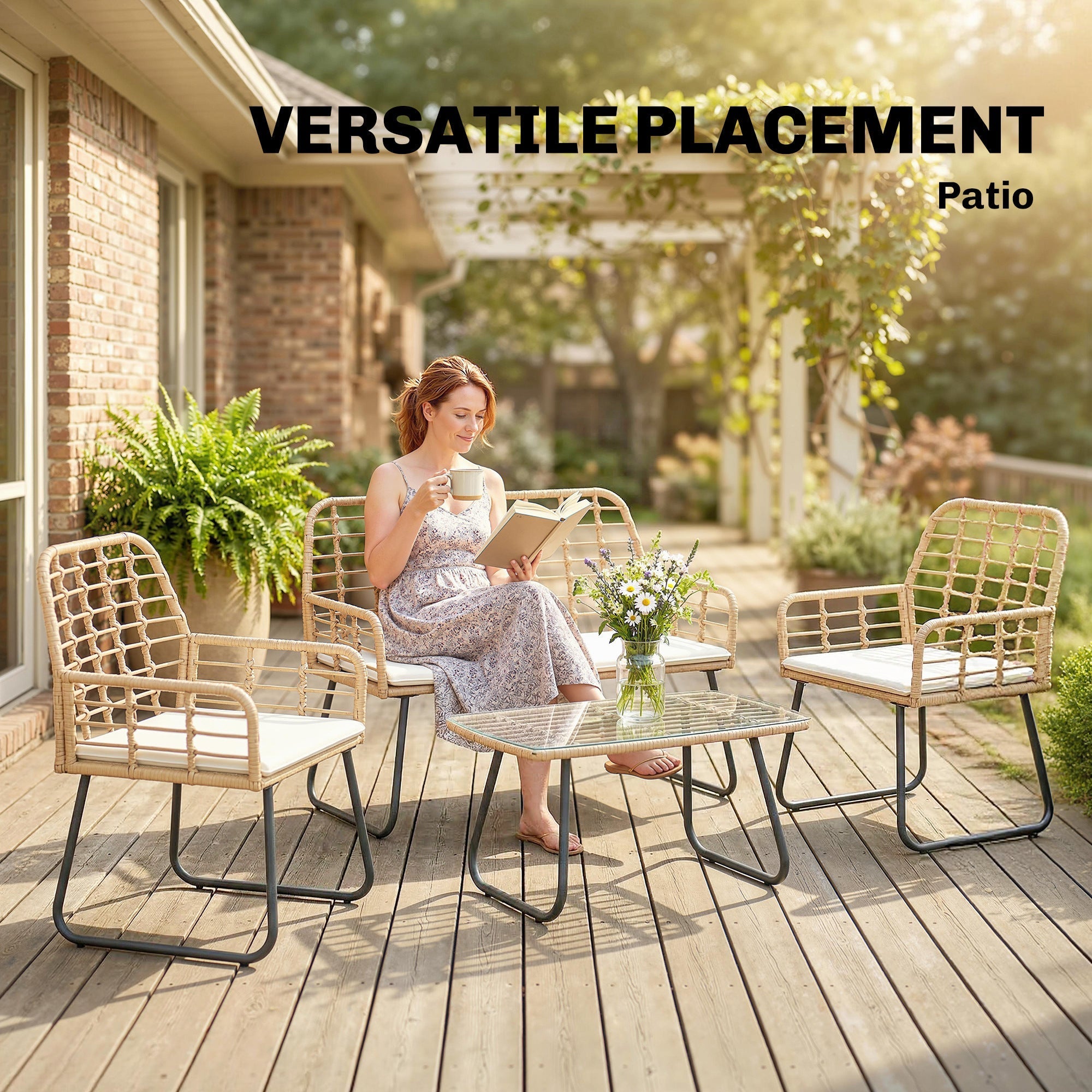Beige woven rattan patio furniture set with white cushions and black metal frames 60d x 83h outdoorsunny set