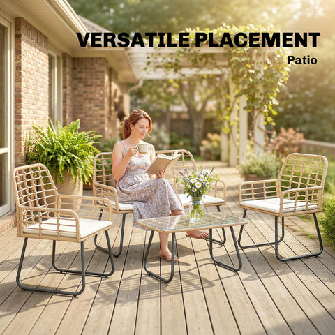 Beige woven rattan patio furniture set with white cushions and black metal frames 60d x 83h outdoorsunny set