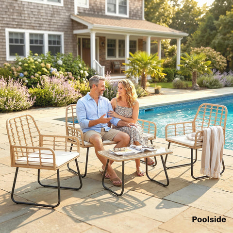 Beige woven wicker patio furniture set with black metal frames and white cushions from outsunny 4 piece rattan set 60d x 83h