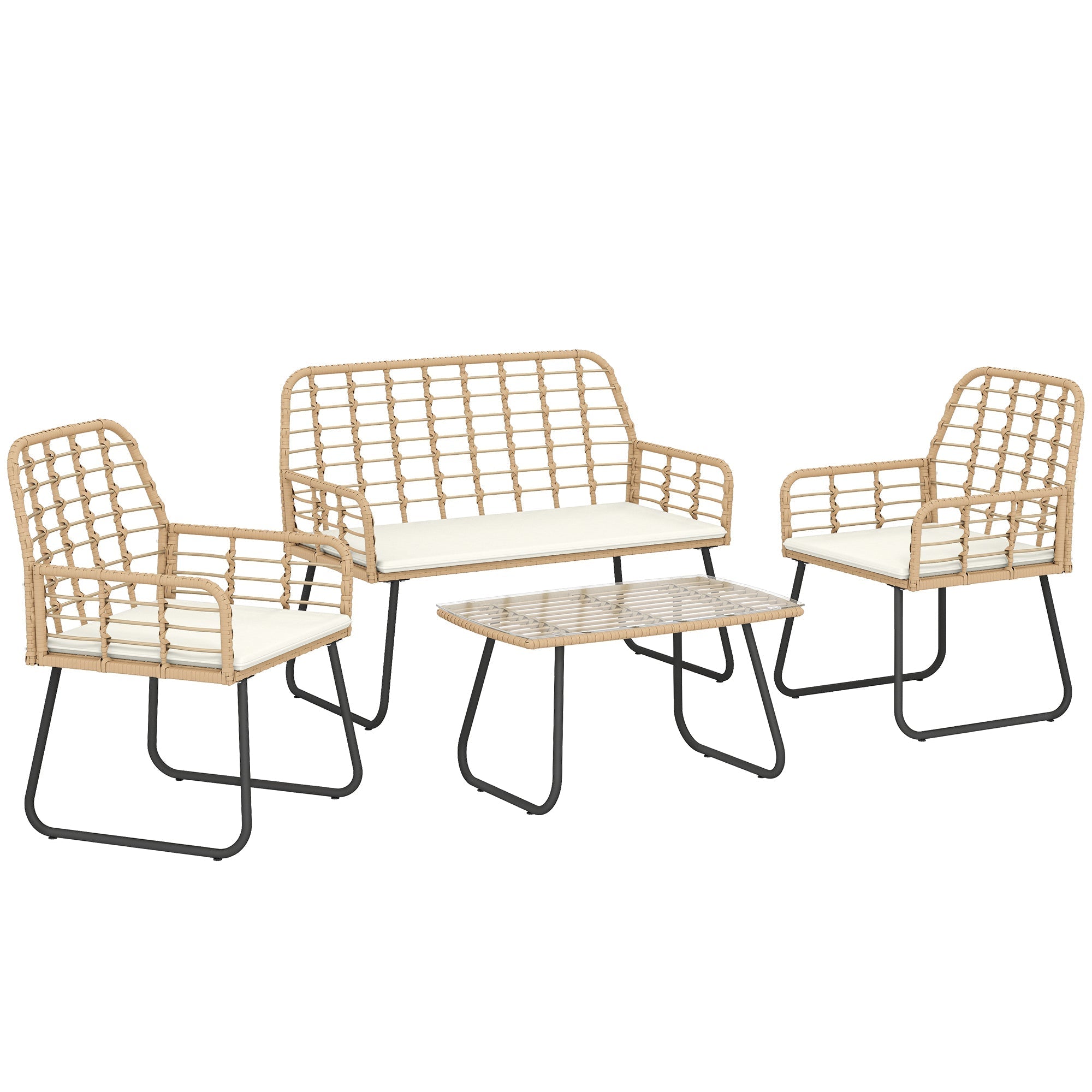 Beige woven rattan patio furniture set with cream cushions and black metal legs 60d x 83h Outsunny 4 piece garden set