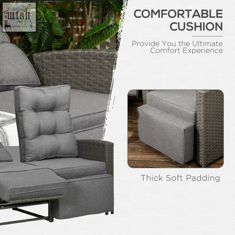 Gray fabric cushion with tufted design on woven wicker recliner from outsunny rattan furniture set with glass top coffee table