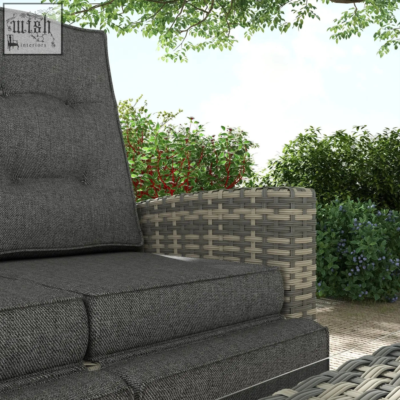 Dark gray woven wicker outdoor armchair with tufted cushions in outsunny rattan furniture set with galvanised steel coffee table