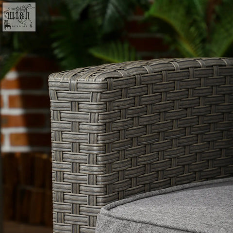 Gray woven wicker outdoor chair with gray fabric cushion part of outsunny rattan furniture set with galvanised steel frame and coffee table