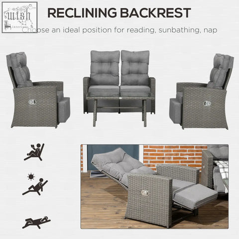 Gray woven wicker reclining outdoor lounge chair with plush cushions in outsunny rattan furniture set with coffee table