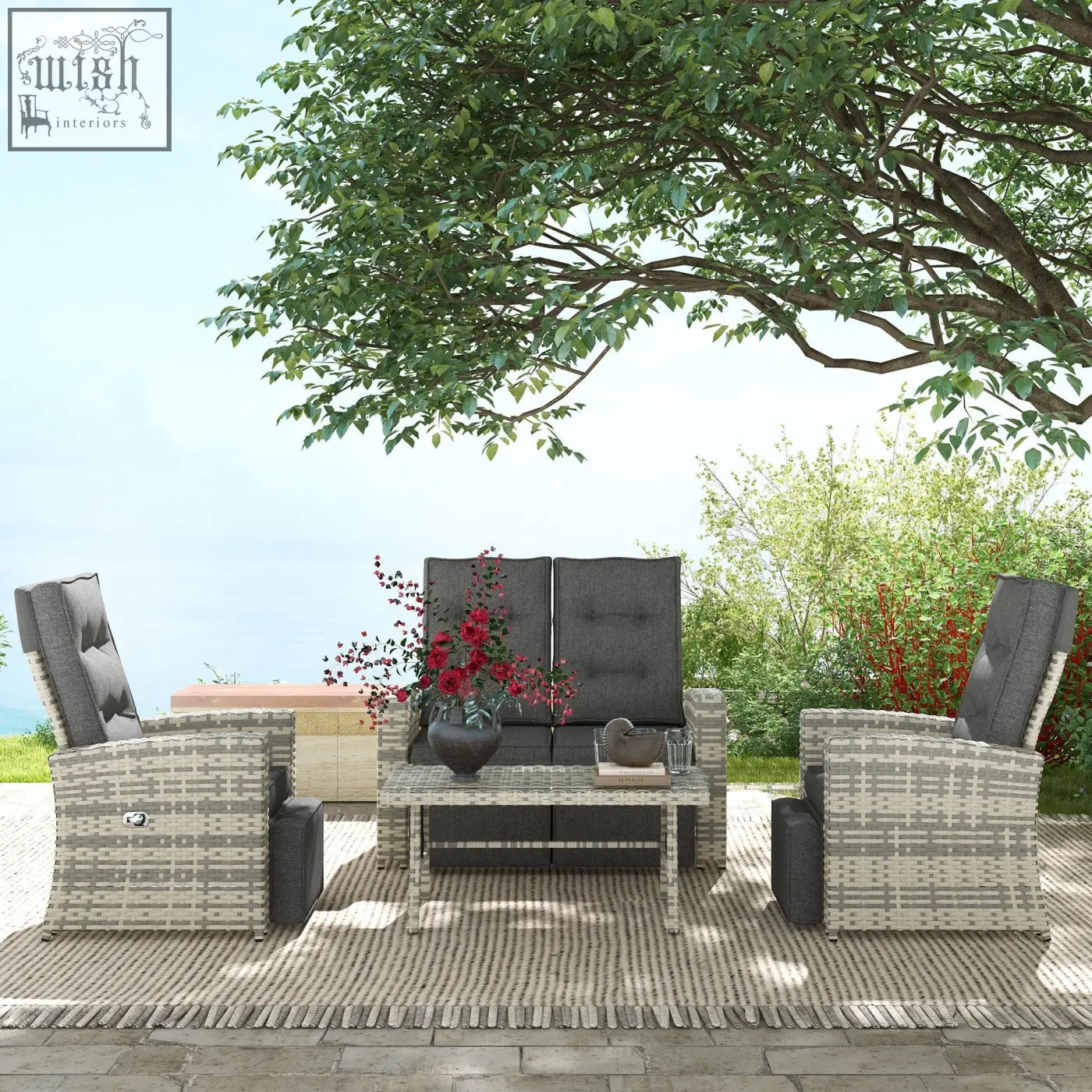 Gray woven wicker furniture set with galvanised steel frame dark gray cushions and matching coffee table for outdoor use