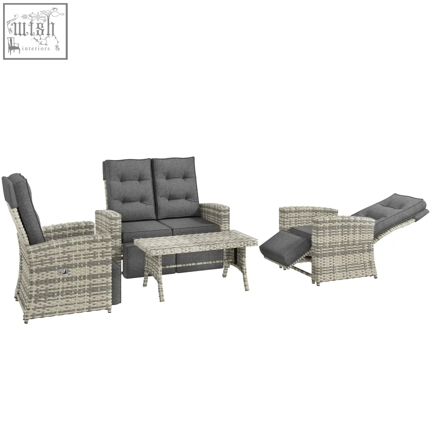 Gray wicker outdoor furniture set with dark gray cushions and galvanised steel frame with coffee table for poolside use
