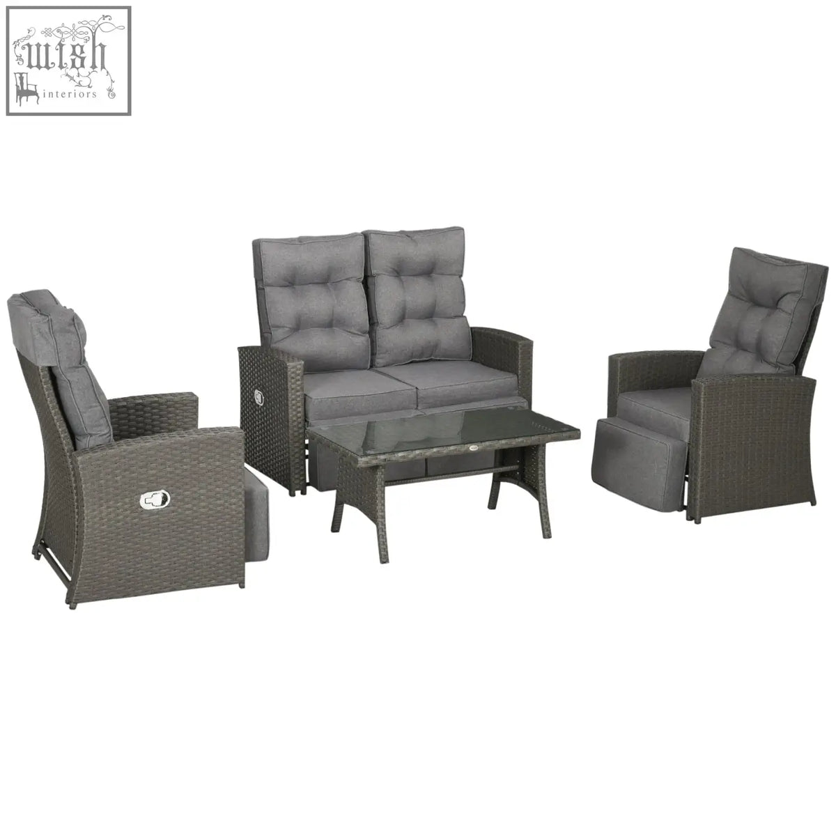 Gray wicker outdoor furniture set with cushions and glass top coffee table made of galvanised steel for poolside use