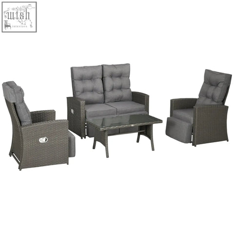 Gray wicker outdoor furniture set with cushions and glass top coffee table made of galvanised steel for poolside use