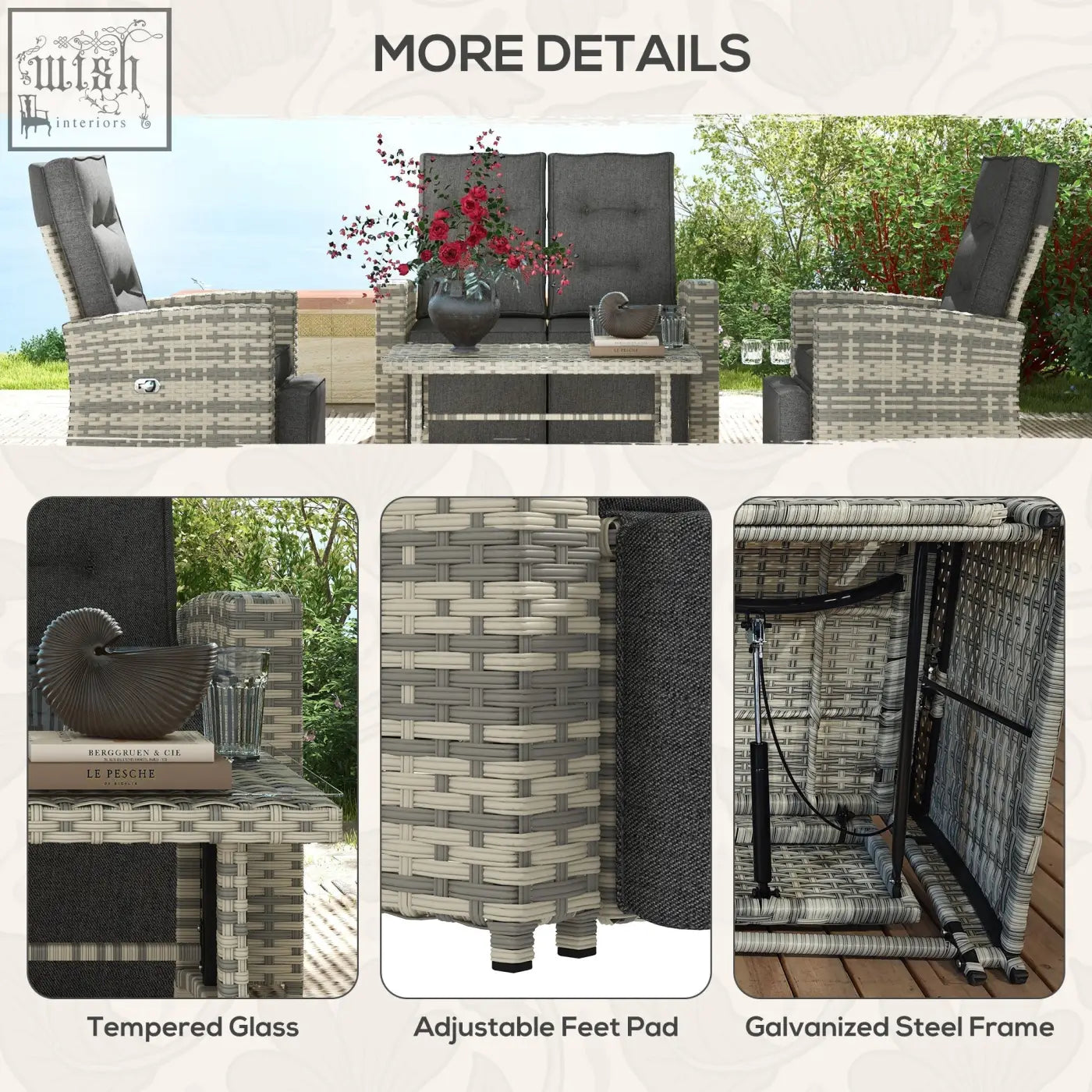 Gray woven wicker outdoor furniture set with dark gray cushions and galvanised steel coffee table for poolside use