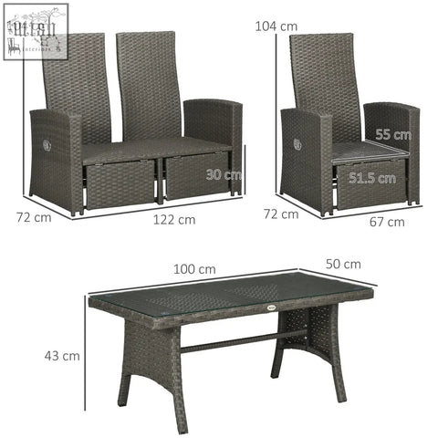 Outsunny 4 piece dark gray rattan furniture set with galvanised steel frame, including glider sofa, armchair with storage, and coffee table