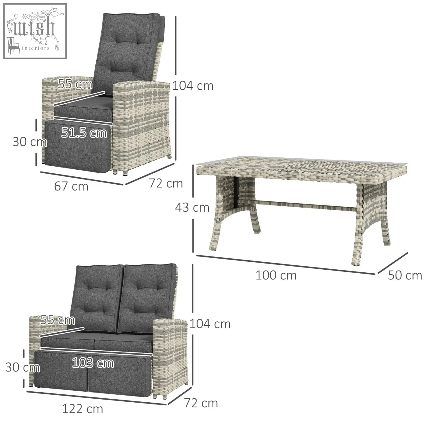 Outsunny 4 piece rattan furniture set with gray woven wicker, dark gray tufted cushions, galvanised steel frame, and coffee table