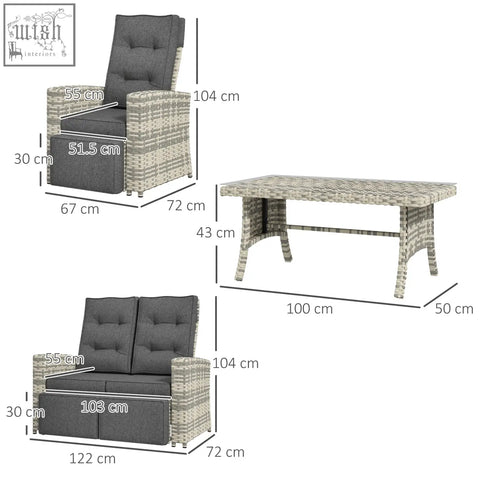 Outsunny 4 piece rattan furniture set with gray woven wicker, dark gray tufted cushions, galvanised steel frame, and coffee table