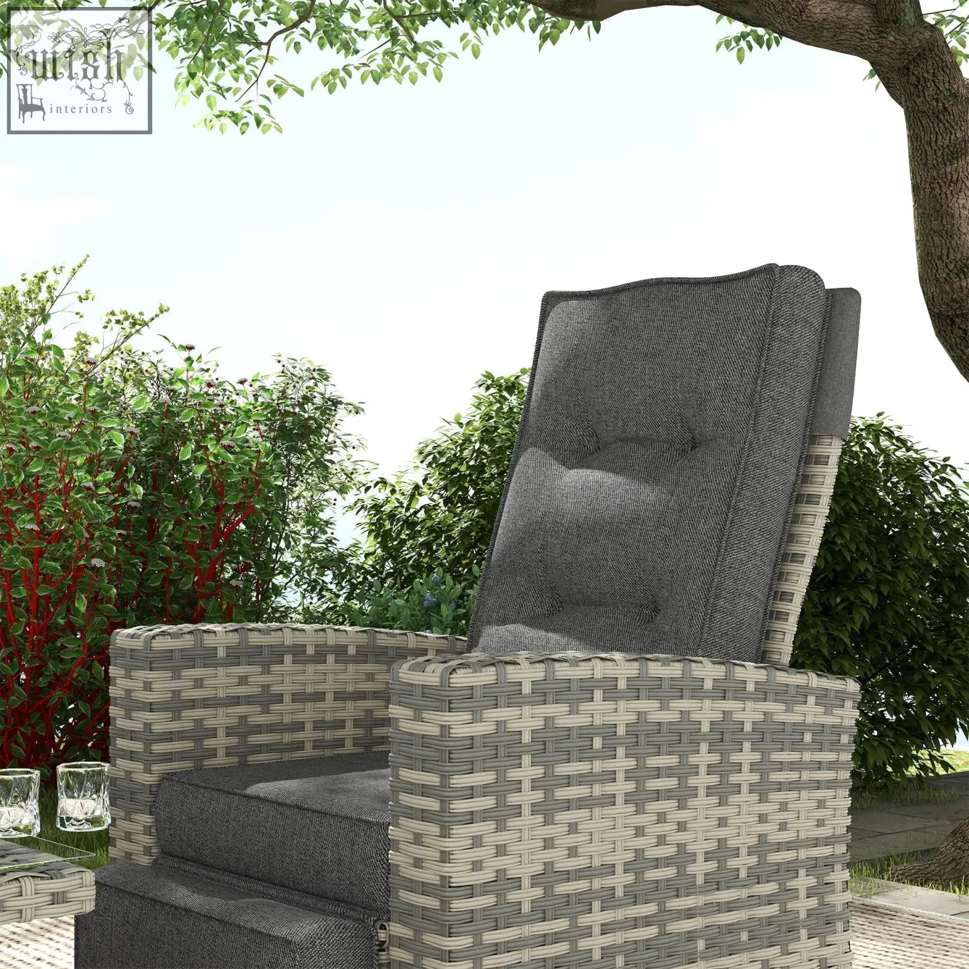 Gray woven wicker recliner chair with tufted cushions in outsunny rattan furniture set with galvanised steel frame and coffee table