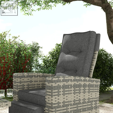 Gray woven wicker recliner chair with tufted cushions in outsunny rattan furniture set with galvanised steel frame and coffee table