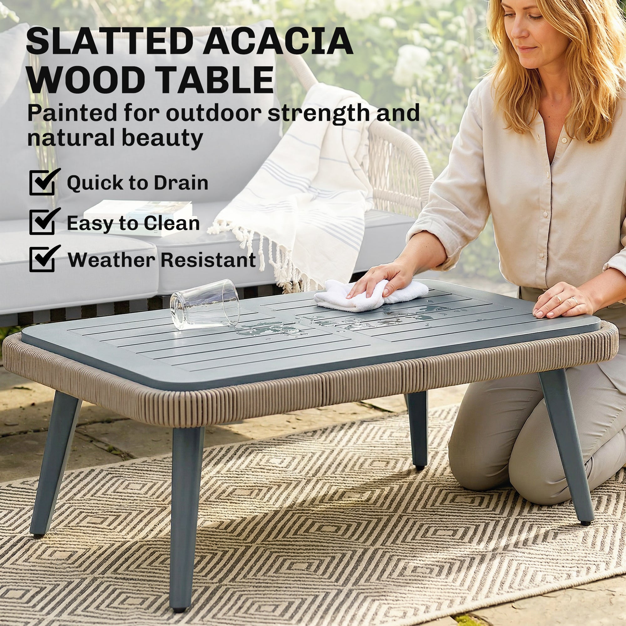 Outsunny 4 piece rattan garden furniture set with gray acacia wood coffee table and woven beige trim legs