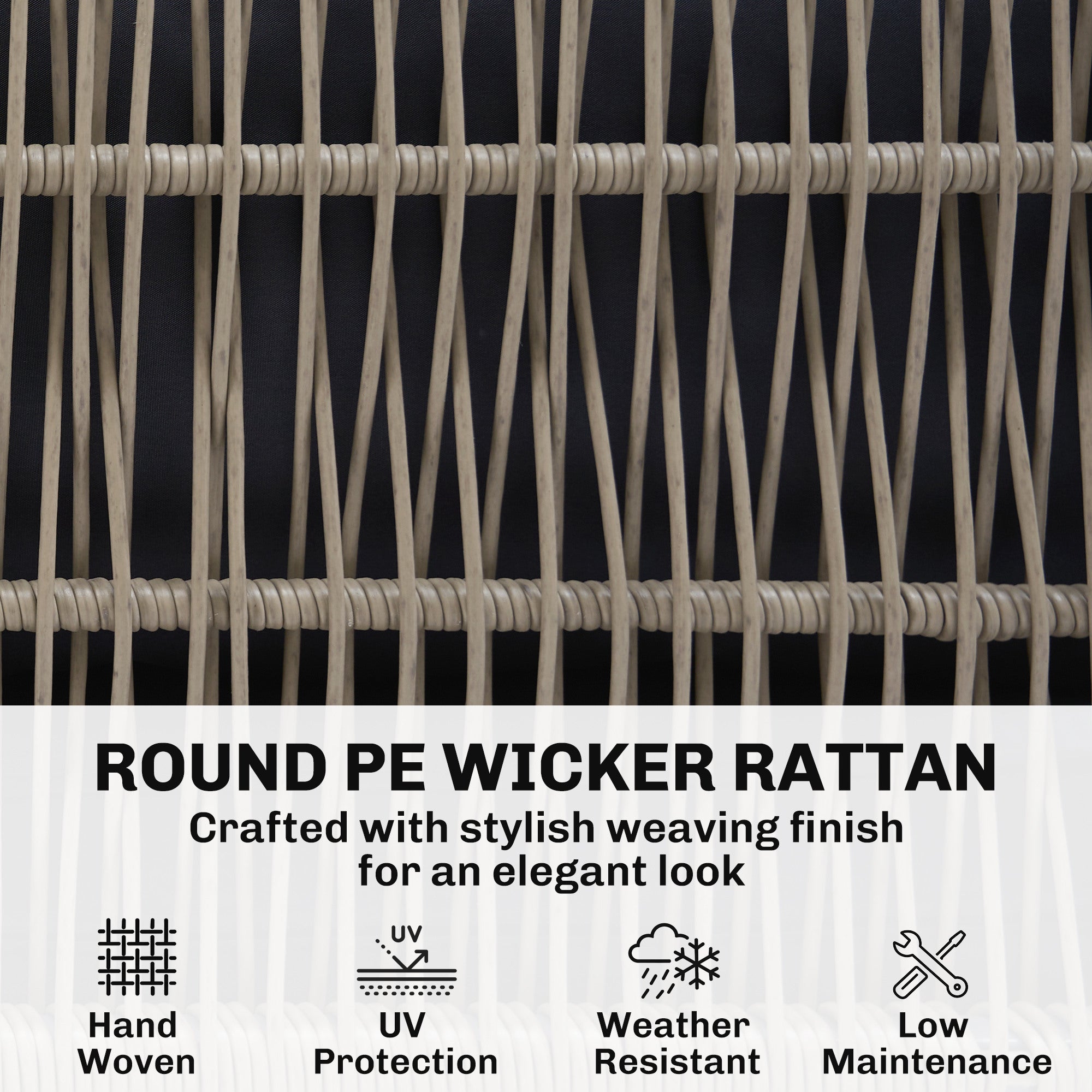 Beige round pe wicker rattan coffee table with hand-woven textured weave in outsunny acacia wood furniture set