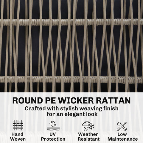 Beige round pe wicker rattan coffee table with hand-woven textured weave in outsunny acacia wood furniture set
