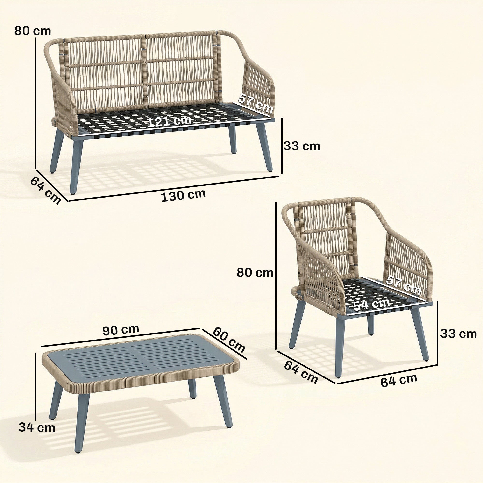 Beige woven wicker outdoor furniture set with acacia wood coffee table and gray metal legs for patio use