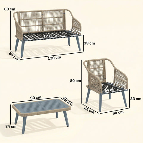 Beige woven wicker outdoor furniture set with acacia wood coffee table and gray metal legs for patio use