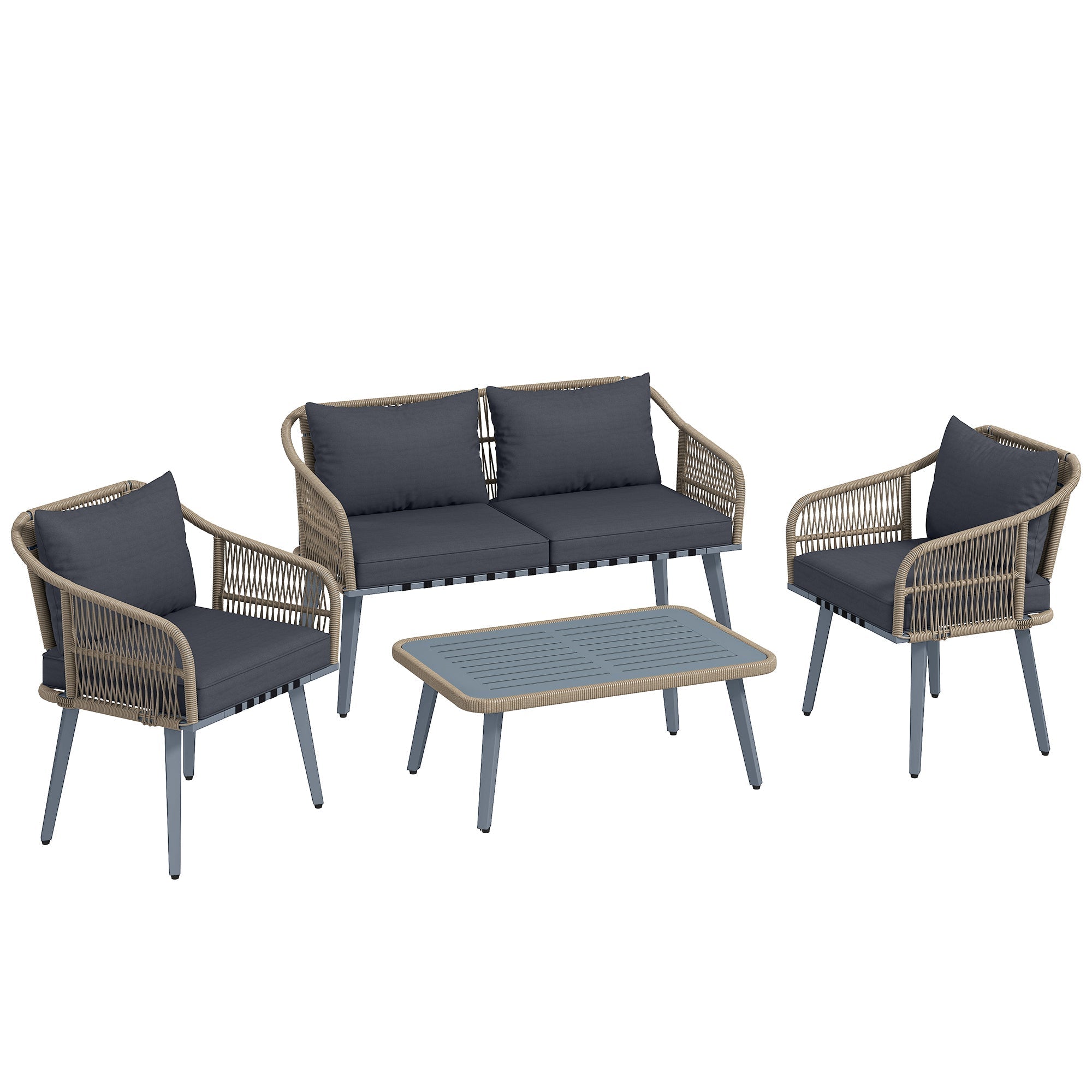 Beige woven wicker outdoor furniture set with dark gray cushions metal legs and acacia wood coffee table from outsunny