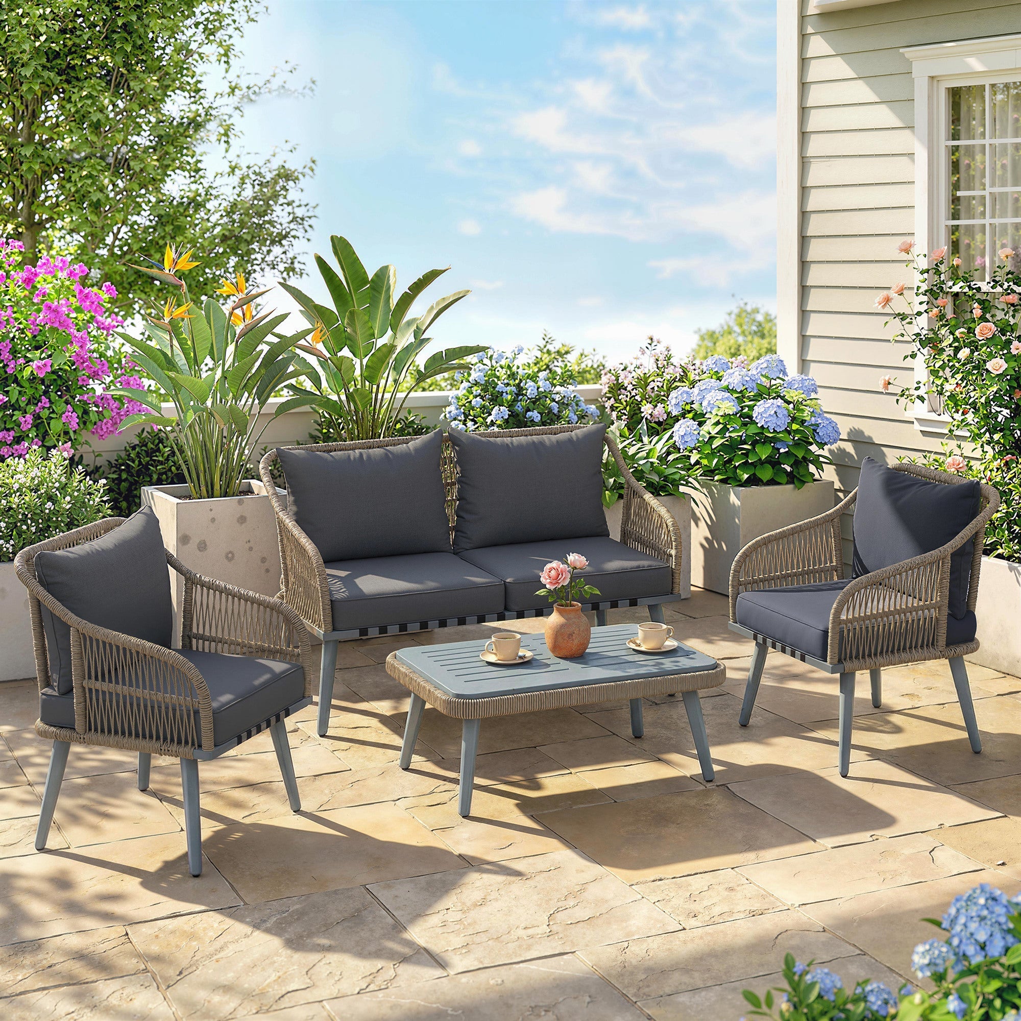 Outsunny gray woven wicker patio furniture set with dark gray cushions metal legs acacia wood coffee table