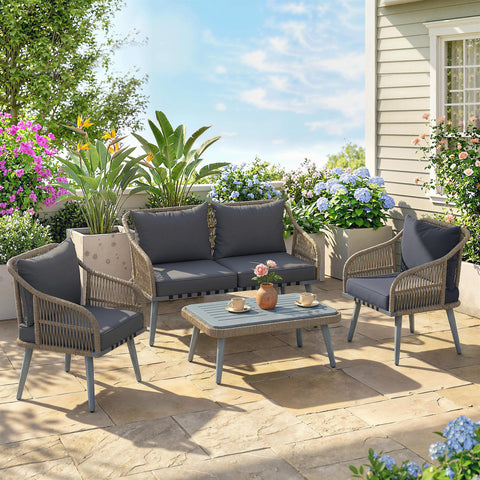 Outsunny gray woven wicker patio furniture set with dark gray cushions metal legs acacia wood coffee table